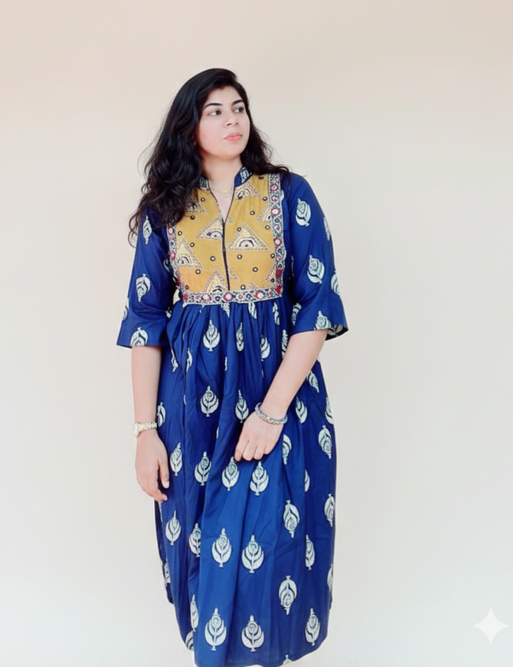 Blue With Yoke Patch Work and Mirror Work Cotton Anarkali Kurti