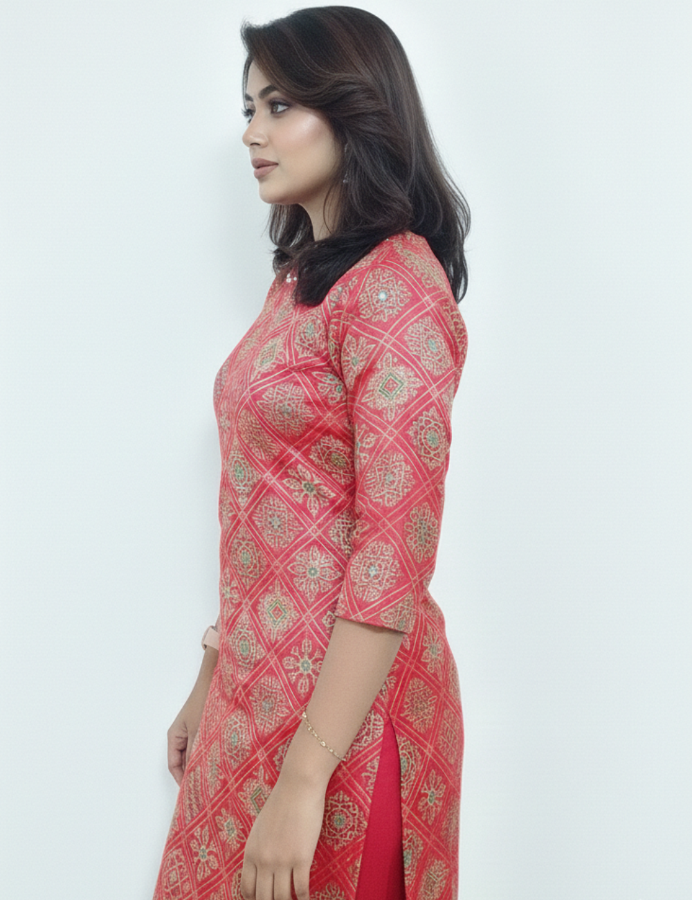 Pink Gaji Silk Mirror Work Kurti