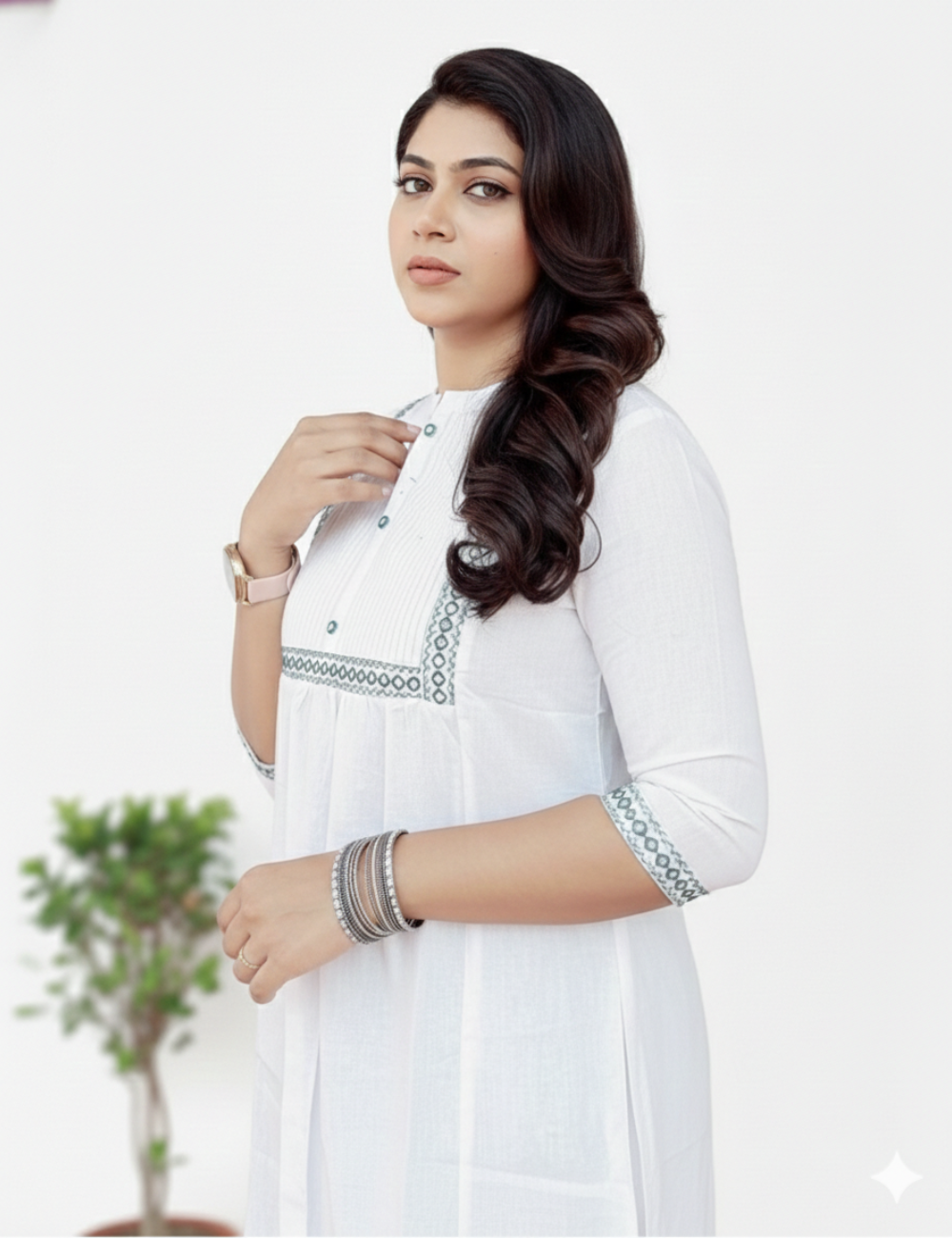 White With Yoke Work Cotton Short Kurti