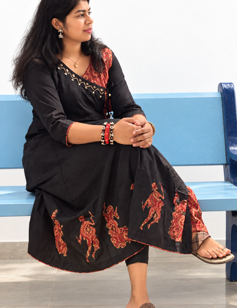 Black and Red Angrakha Kurti with Pant