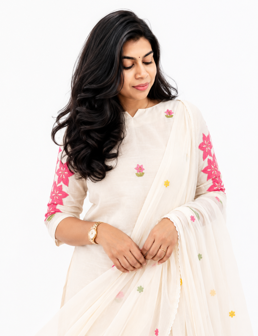 White Applique Cotton Suit Set