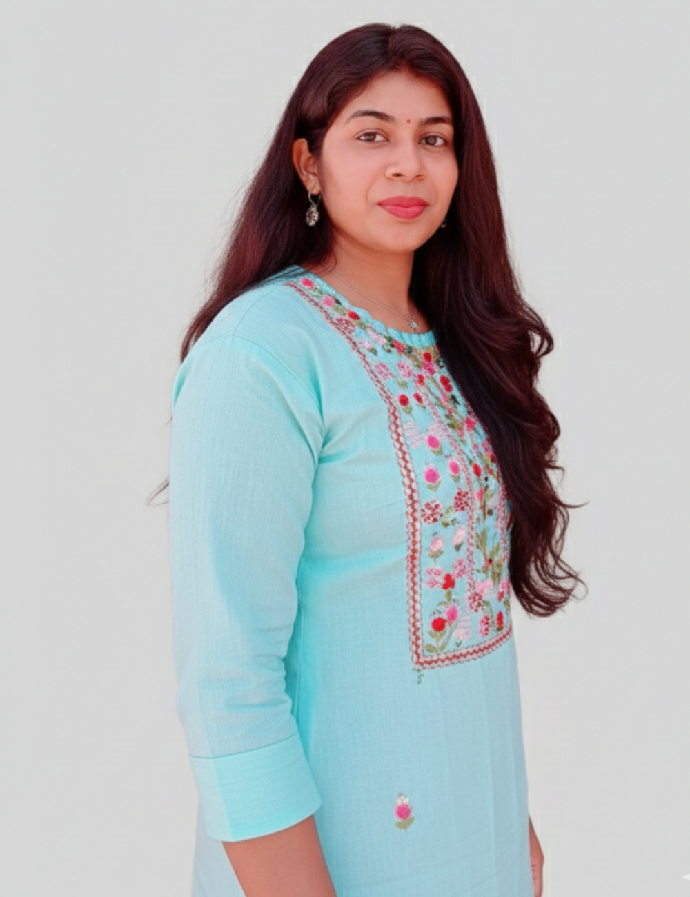 Light Blue Hand Embroidered Mul Cotton Kurti