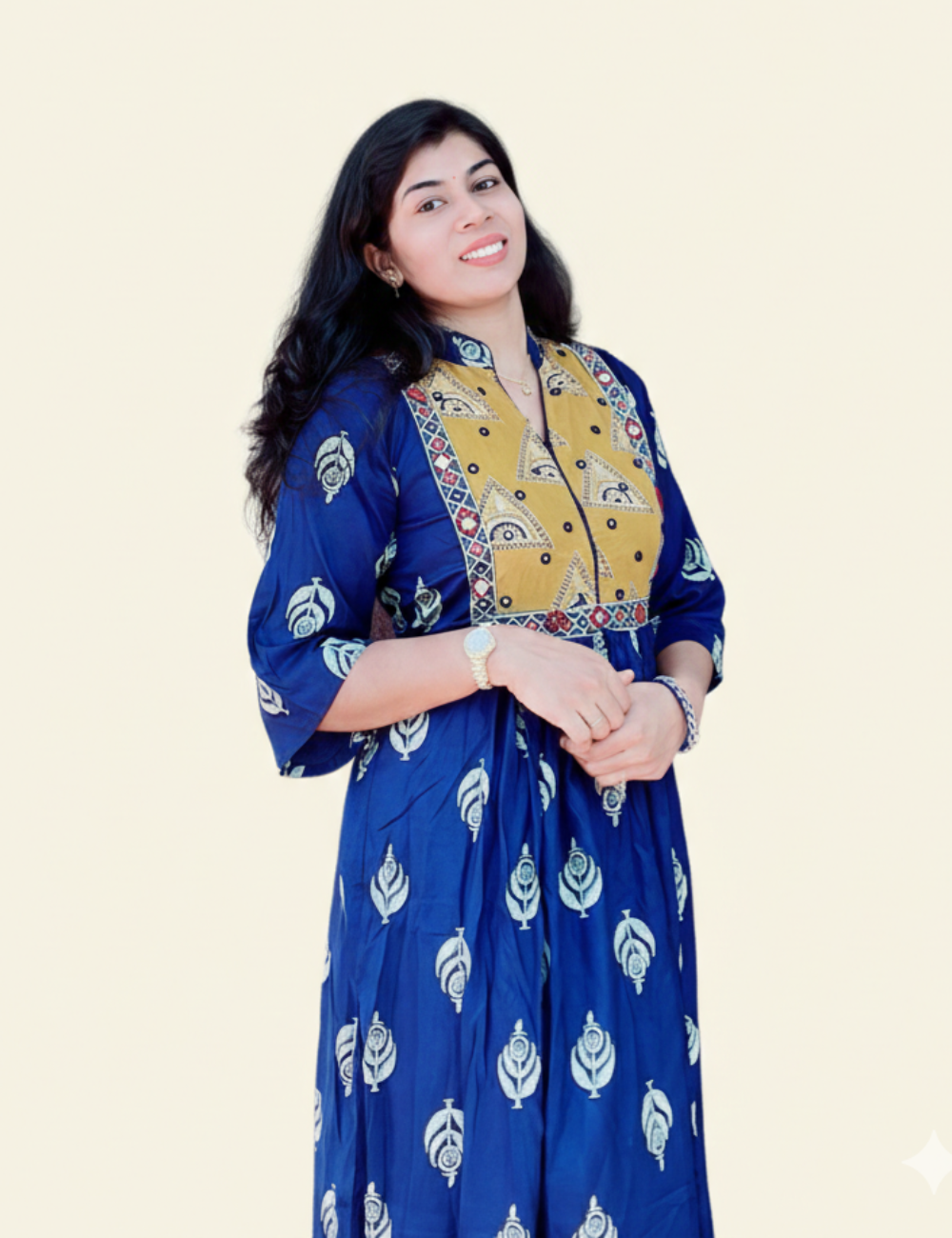 Blue With Yoke Patch Work and Mirror Work Cotton Anarkali Kurti
