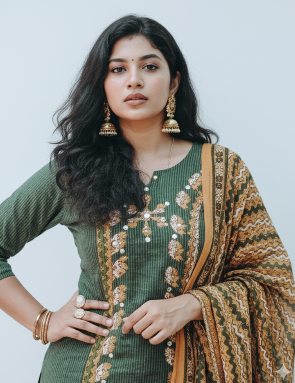 Green Applique Cotton Suit Set