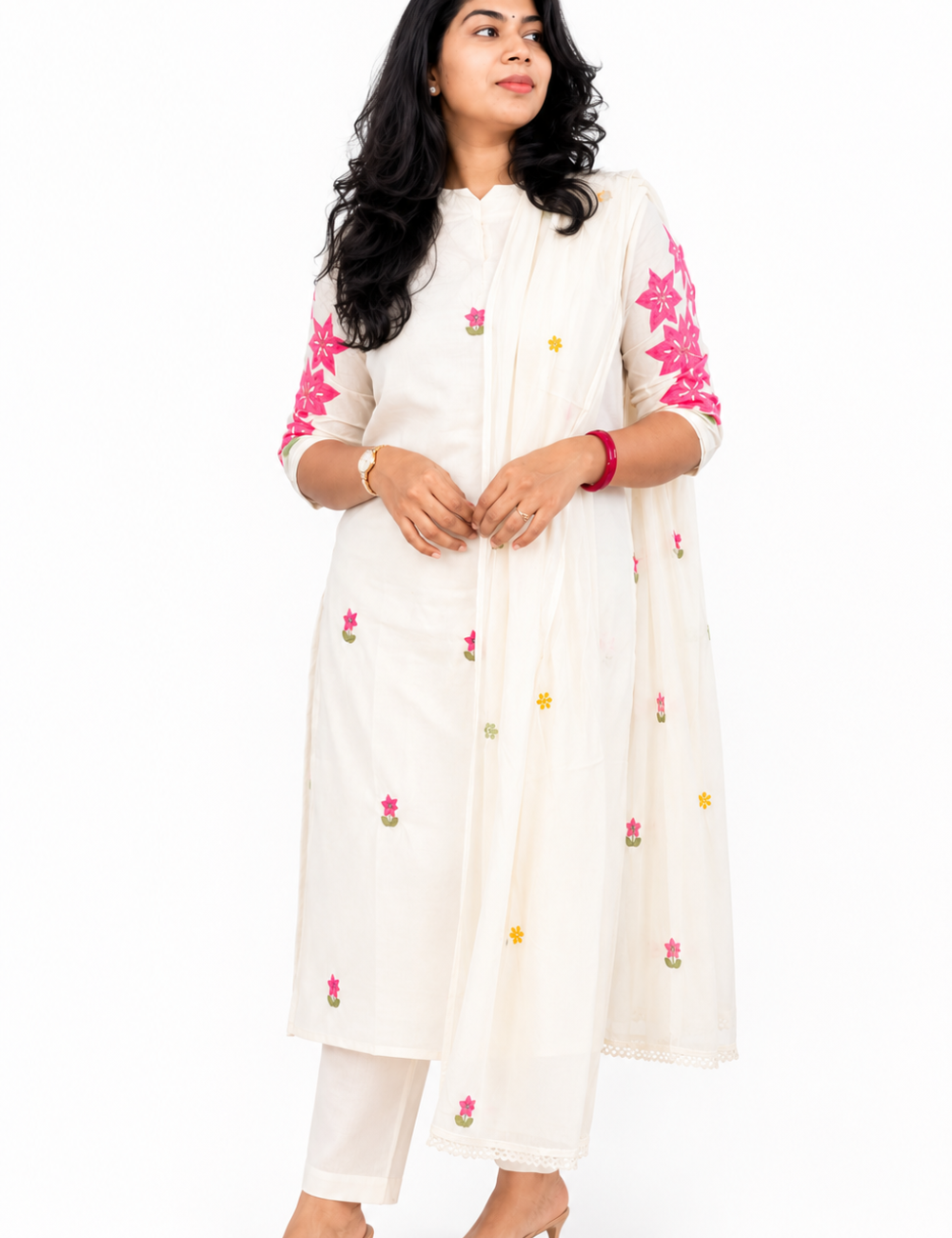 White Applique Cotton Suit Set