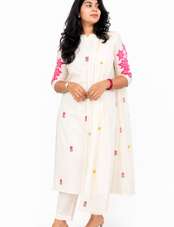 White Applique Cotton Suit Set