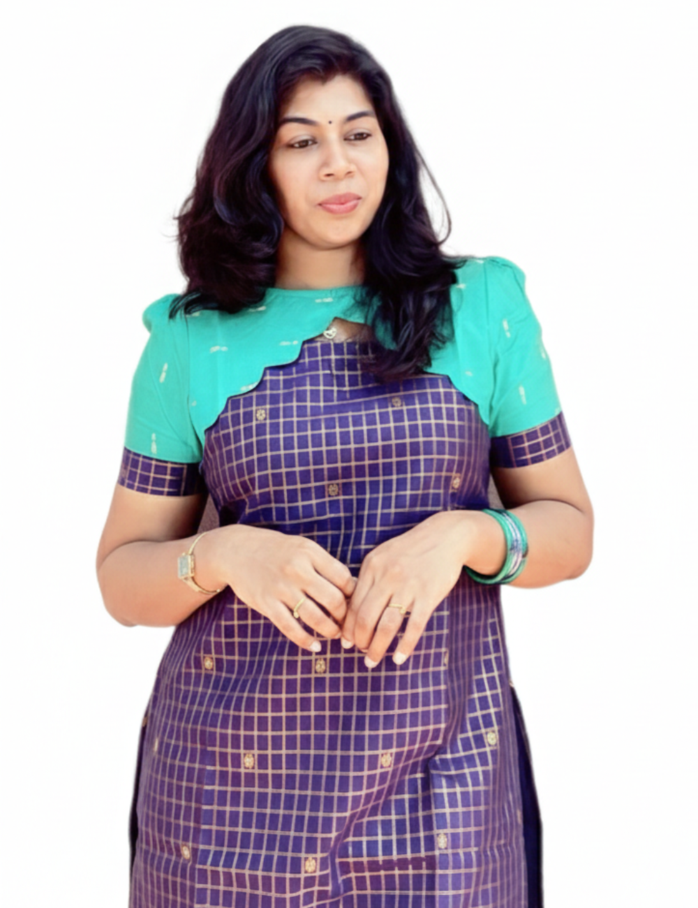 Dark Blue With Teal Green Raw Silk Kurti