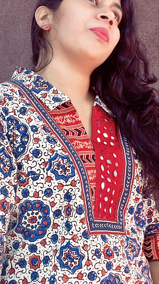 Cream with red ajrakh with real mirror work