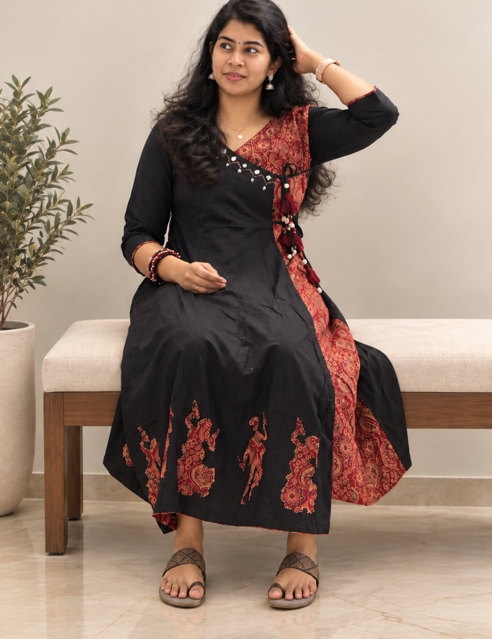 Black and Red Angrakha Kurti with Pant