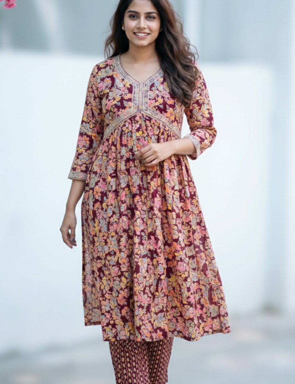 Marron Alia cut Rayon Cotton Kurti and Bottom