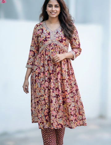 Marron Alia cut Rayon Cotton Kurti and Bottom