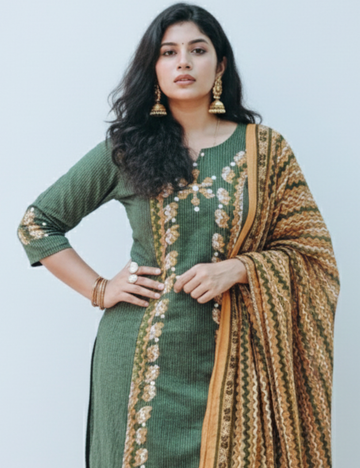 Green Applique Cotton Suit Set