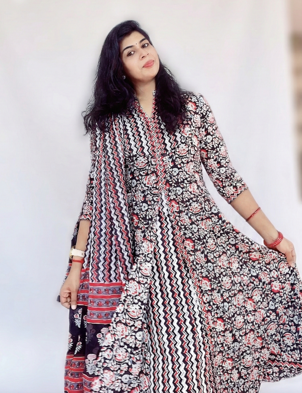 Black Zig Zag Anarakali Cotton Suit Set