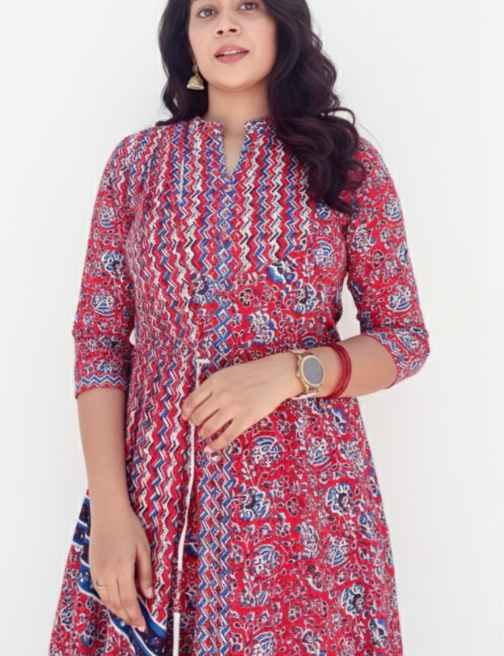 Red Zig Zag Anarkali Cotton Suit Set