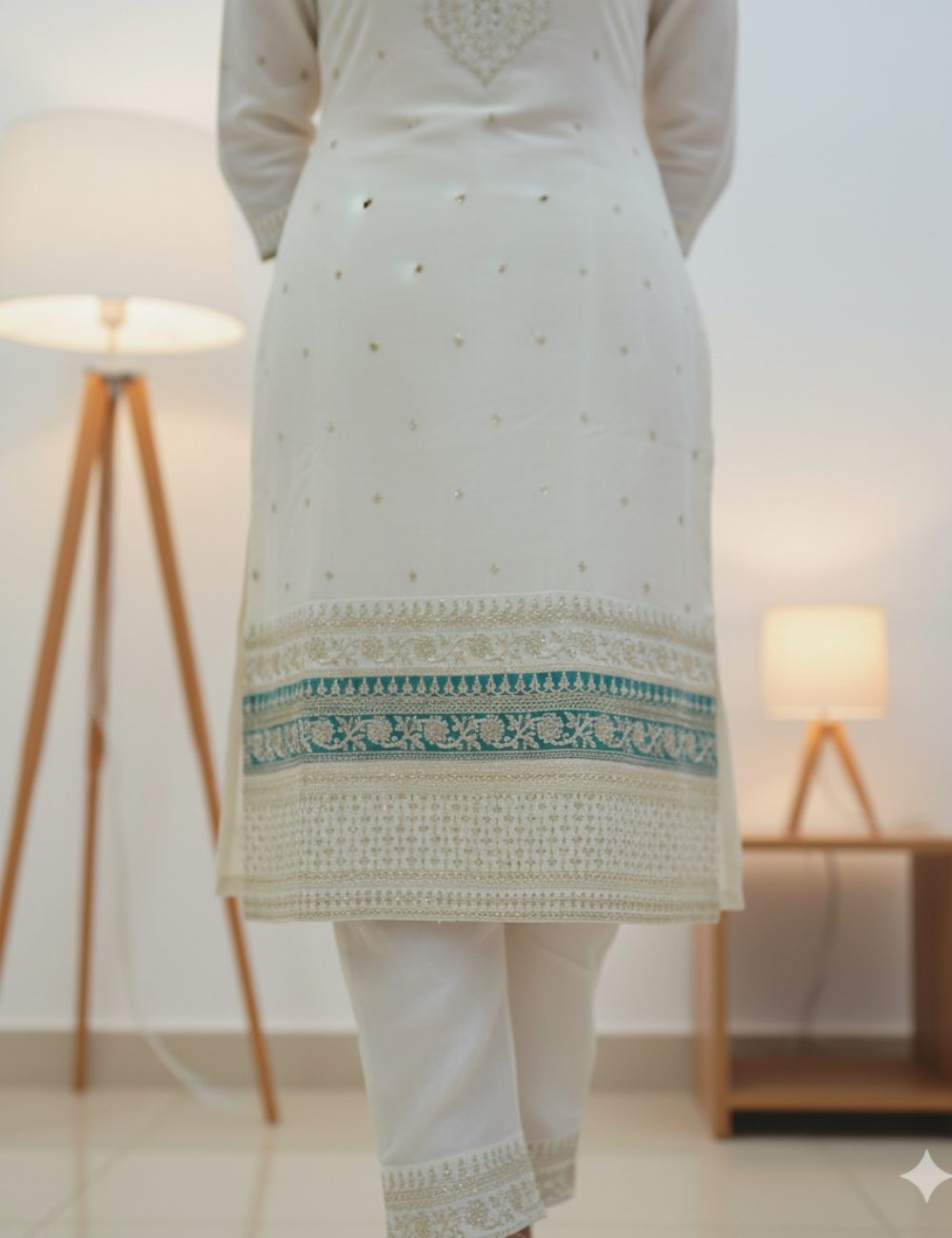 White and Teal Blue Chamki Work Silk Suit Set