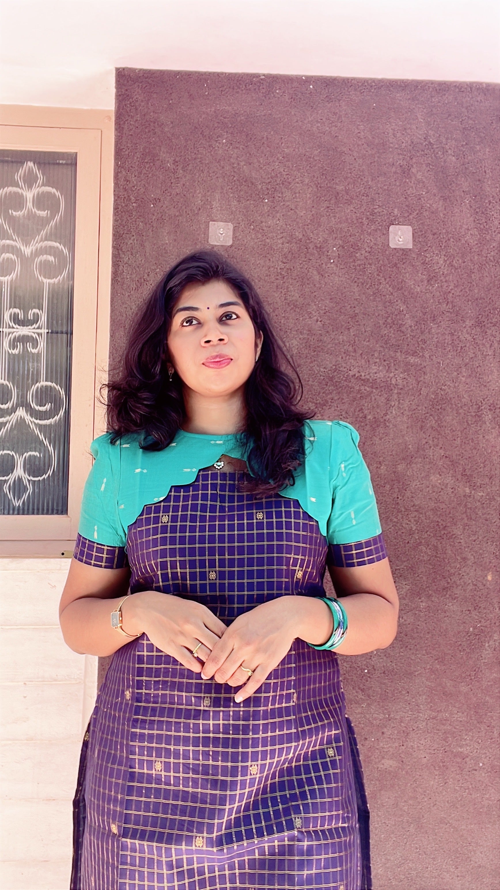 Dark blue with teal green raw silk kurti