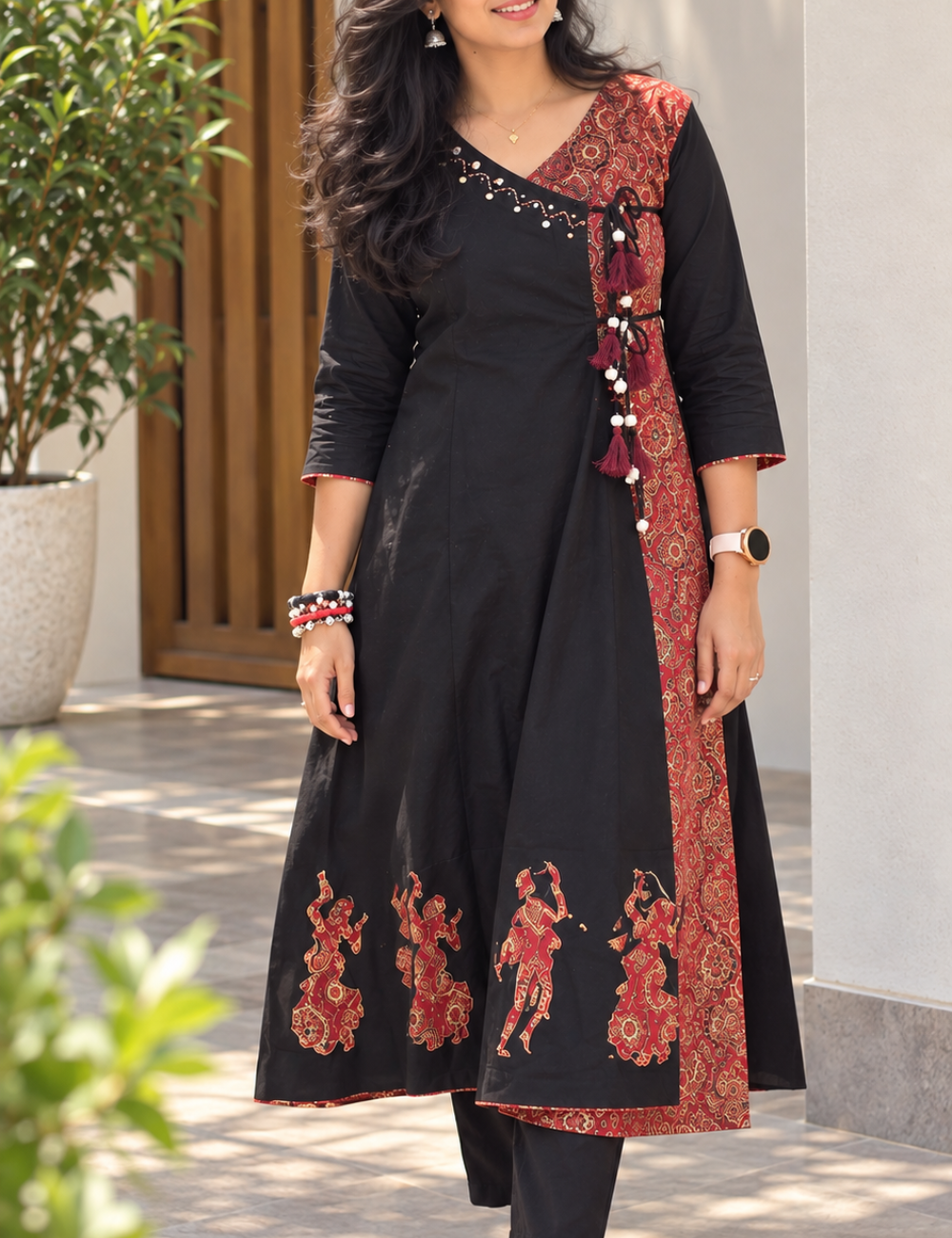 Black and Red Angrakha Kurti with Pant