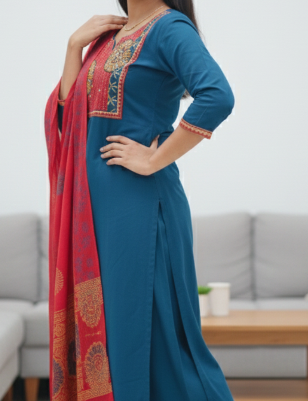 Blue and Red Gamthi Cotton Suit Set