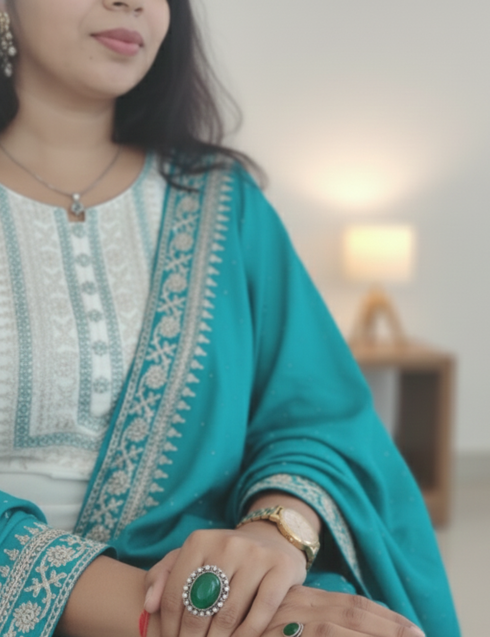 White and Teal Blue Chamki Work Silk Suit Set