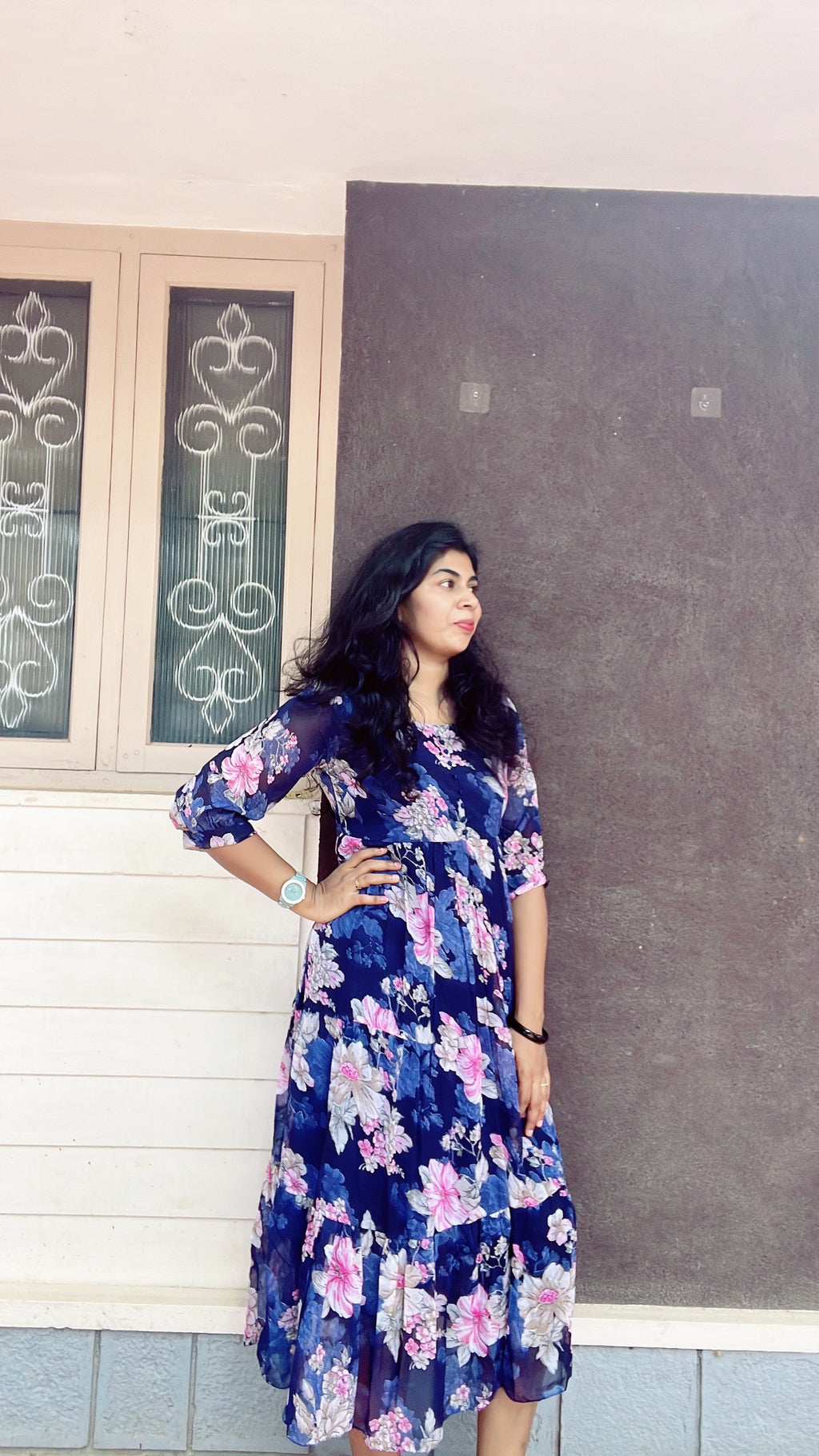 Georgette floral frock blue