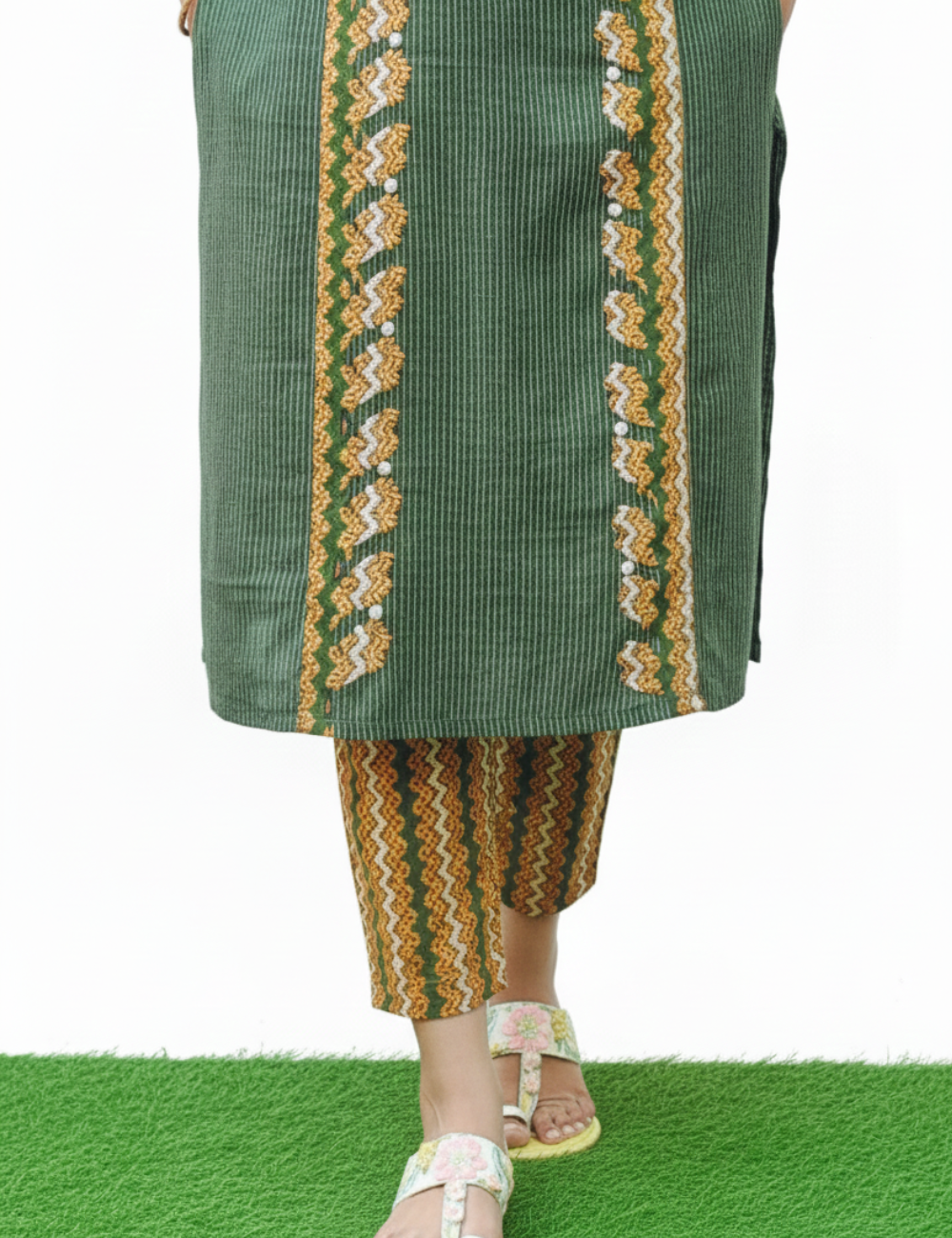 Green Applique Cotton Suit Set