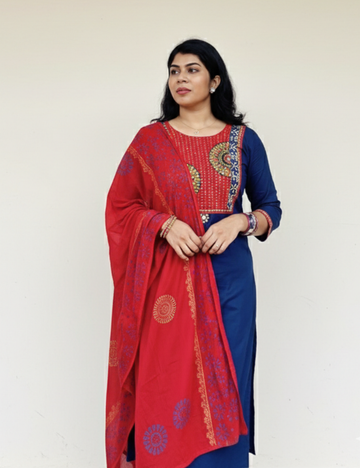 Blue and Red Gamthi Cotton Suit Set