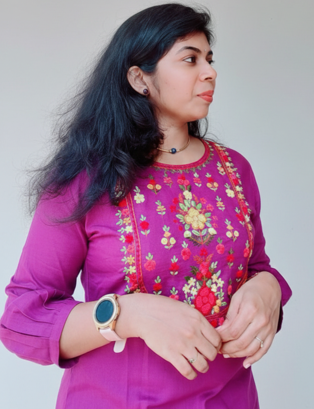 Purple Hand Embroidered Mul Cotton Kurti