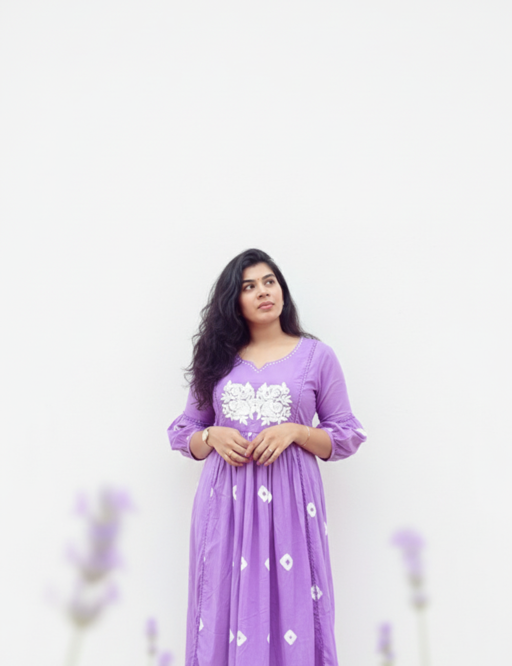 Lavender Cotton Co Ord Set with Yoke Embroidery