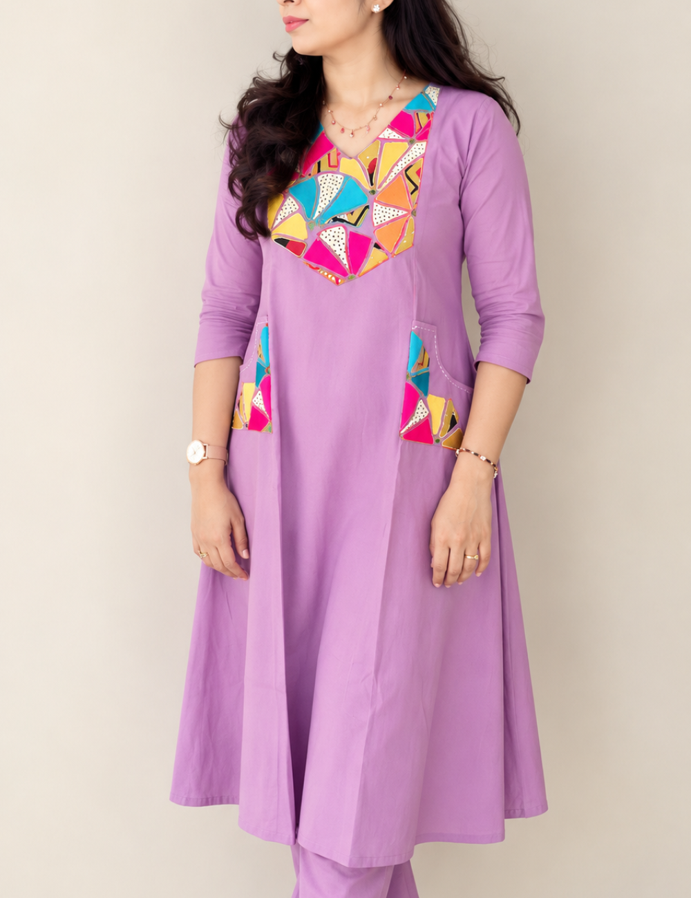 Lavendar Applique Work Kurti with Pant