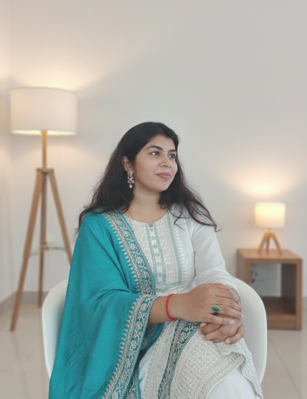 White and Teal Blue Chamki Work Silk Suit Set