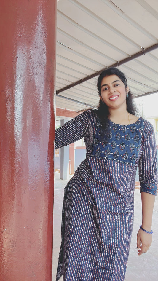 Blue Cotton Kurti with Heavy Yoke Work