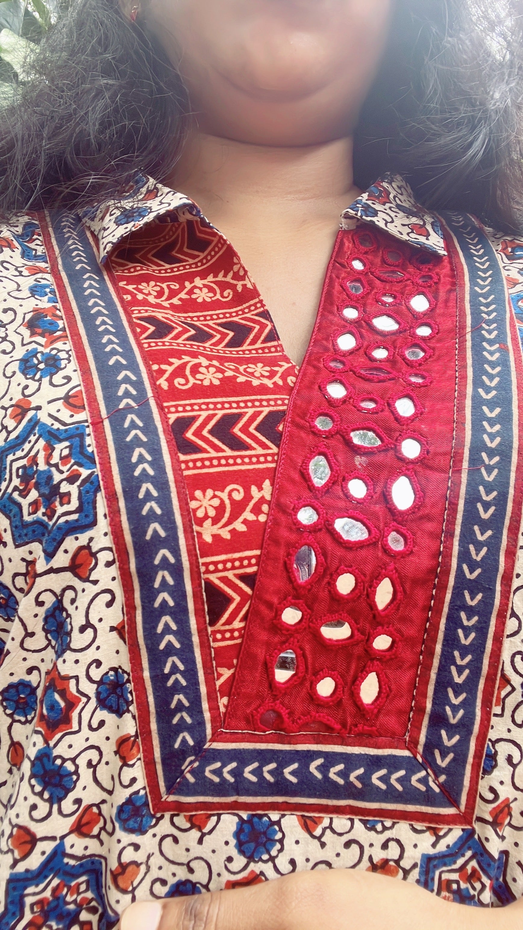 Cream with red ajrakh with real mirror work
