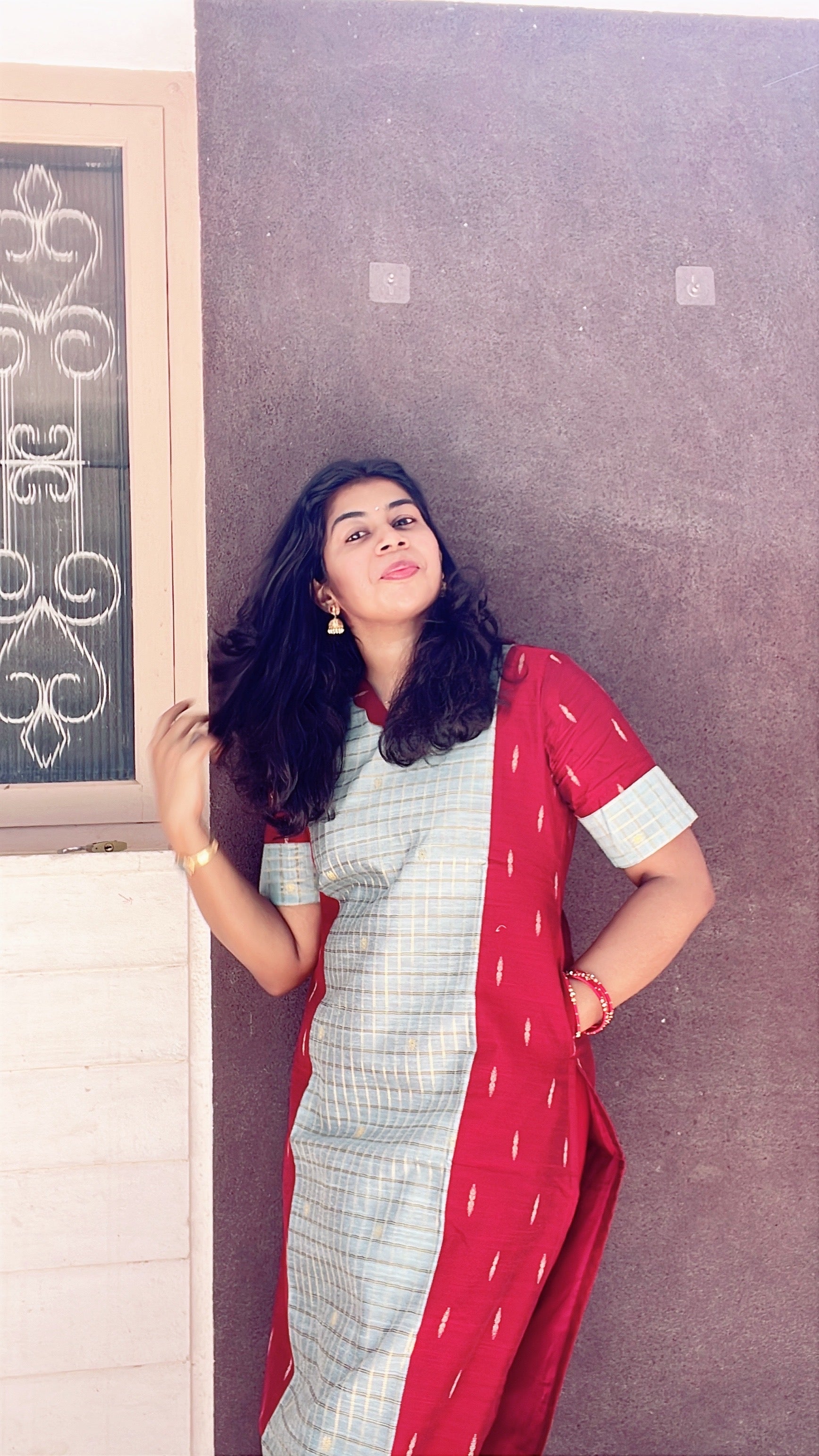 Maroon and pastel green raw silk kurti