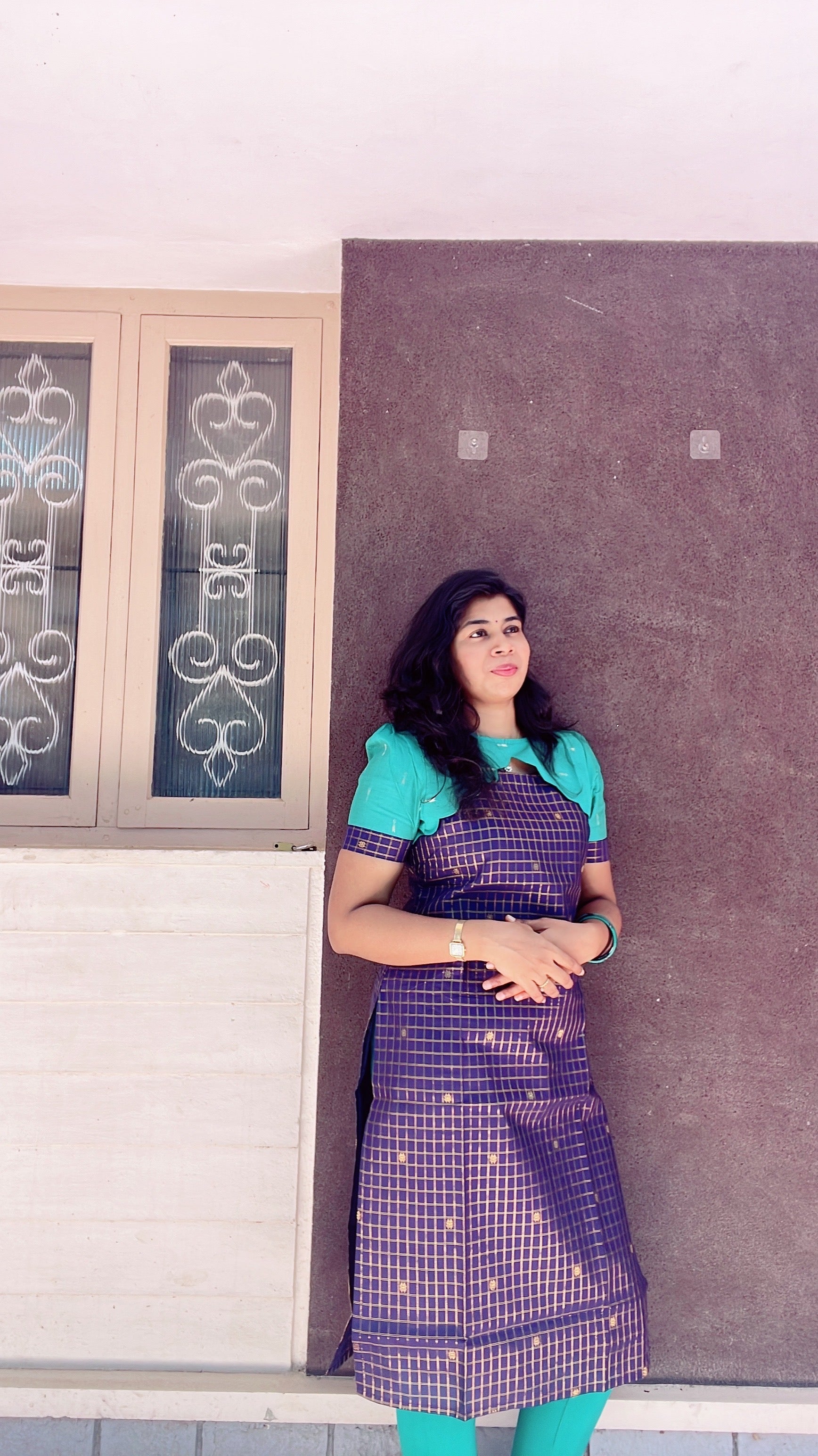 Dark blue with teal green raw silk kurti