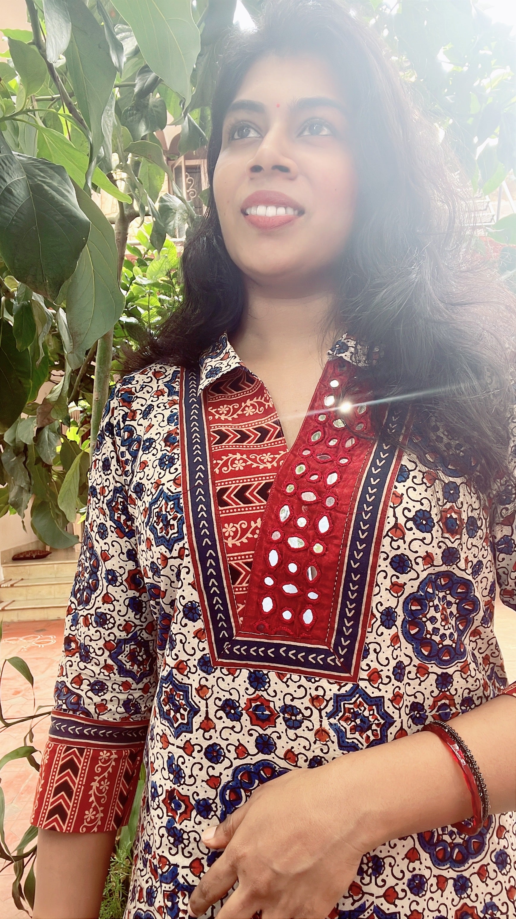 Cream with red ajrakh with real mirror work