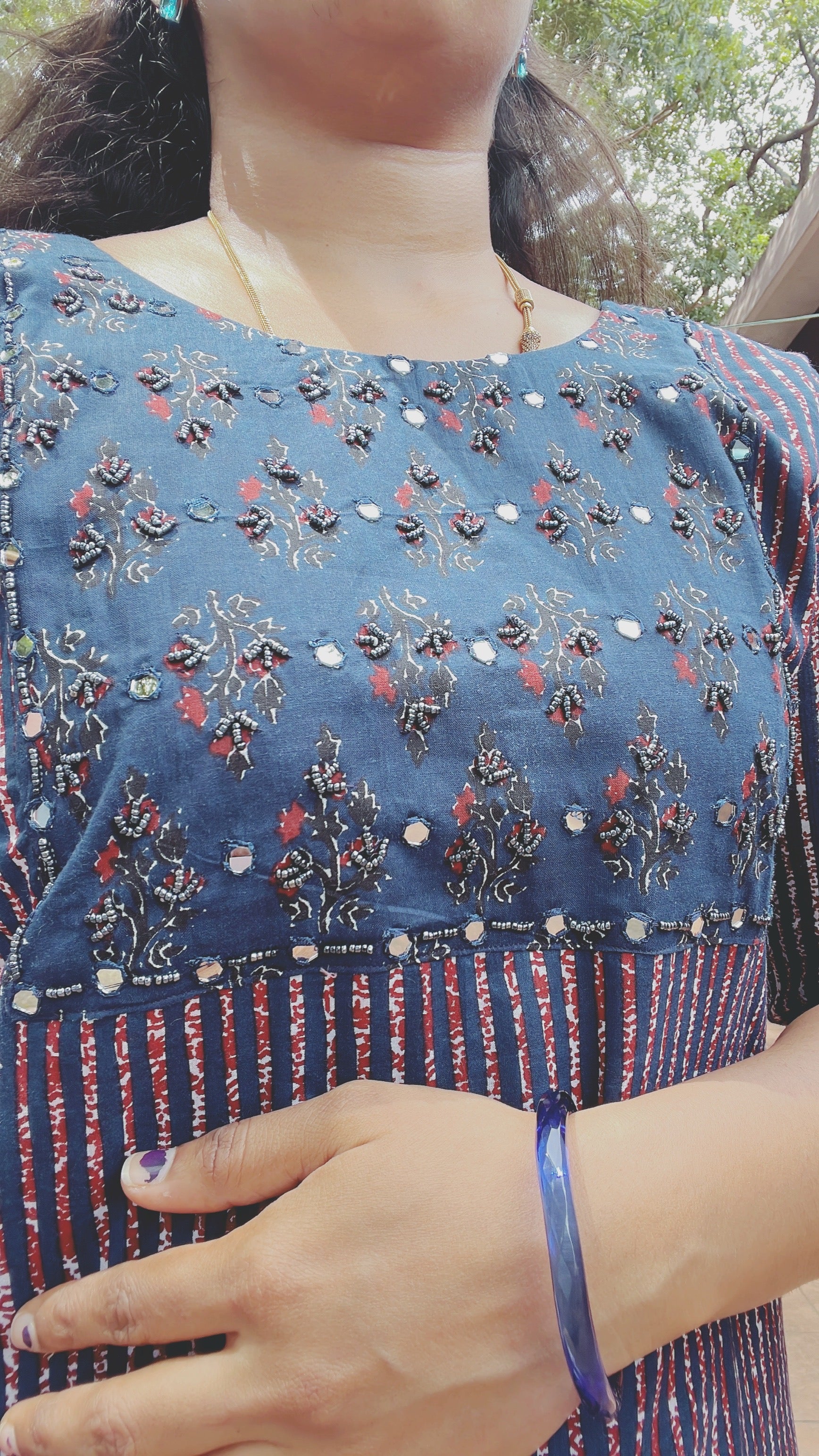 Blue Cotton Kurti with Heavy Yoke Work