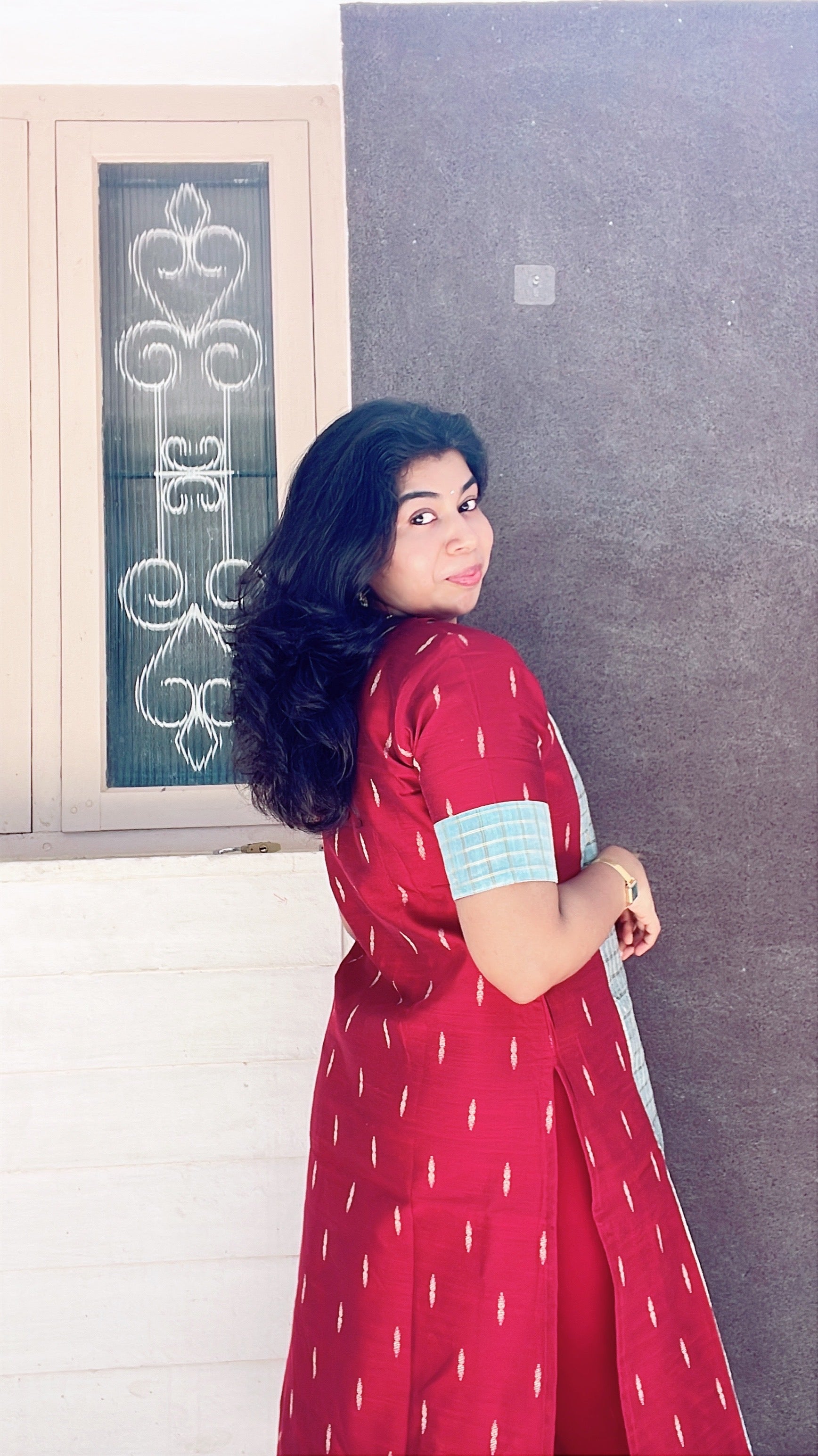 Maroon and pastel green raw silk kurti