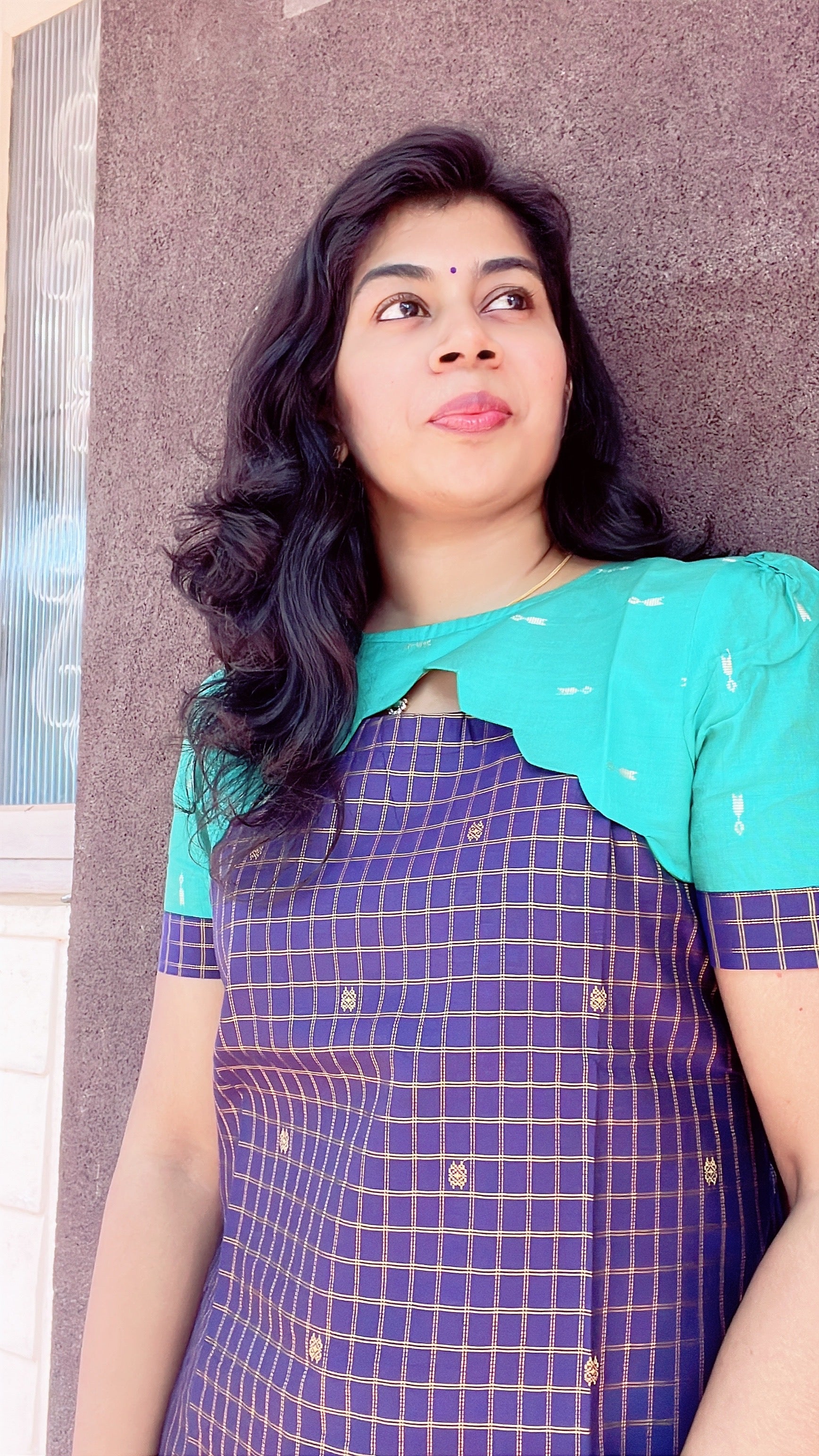Dark blue with teal green raw silk kurti