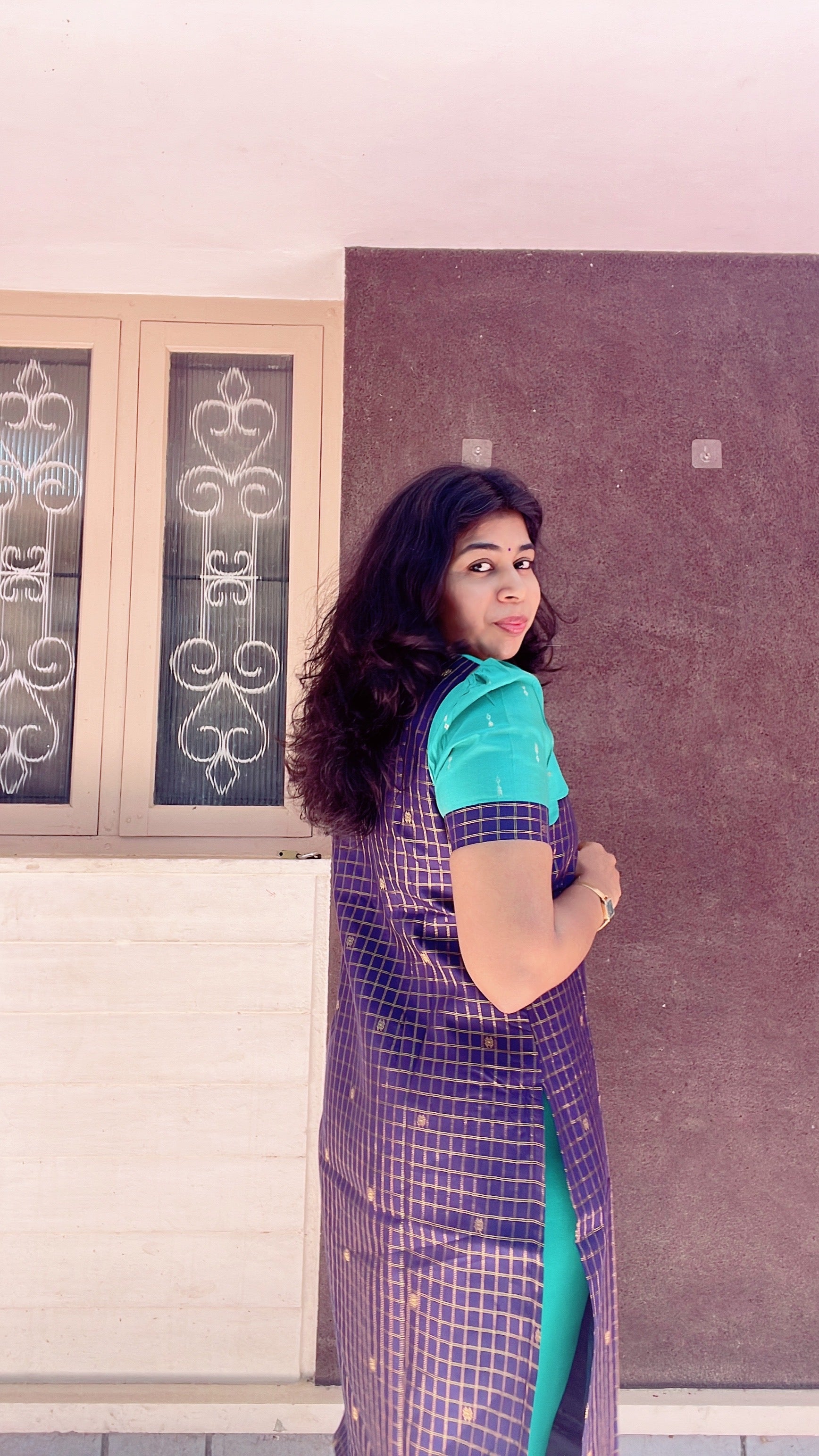 Dark blue with teal green raw silk kurti