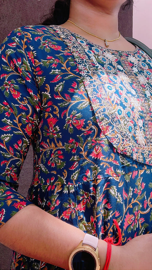 Kalamkari Anarkali Kurti- Dark blue with red