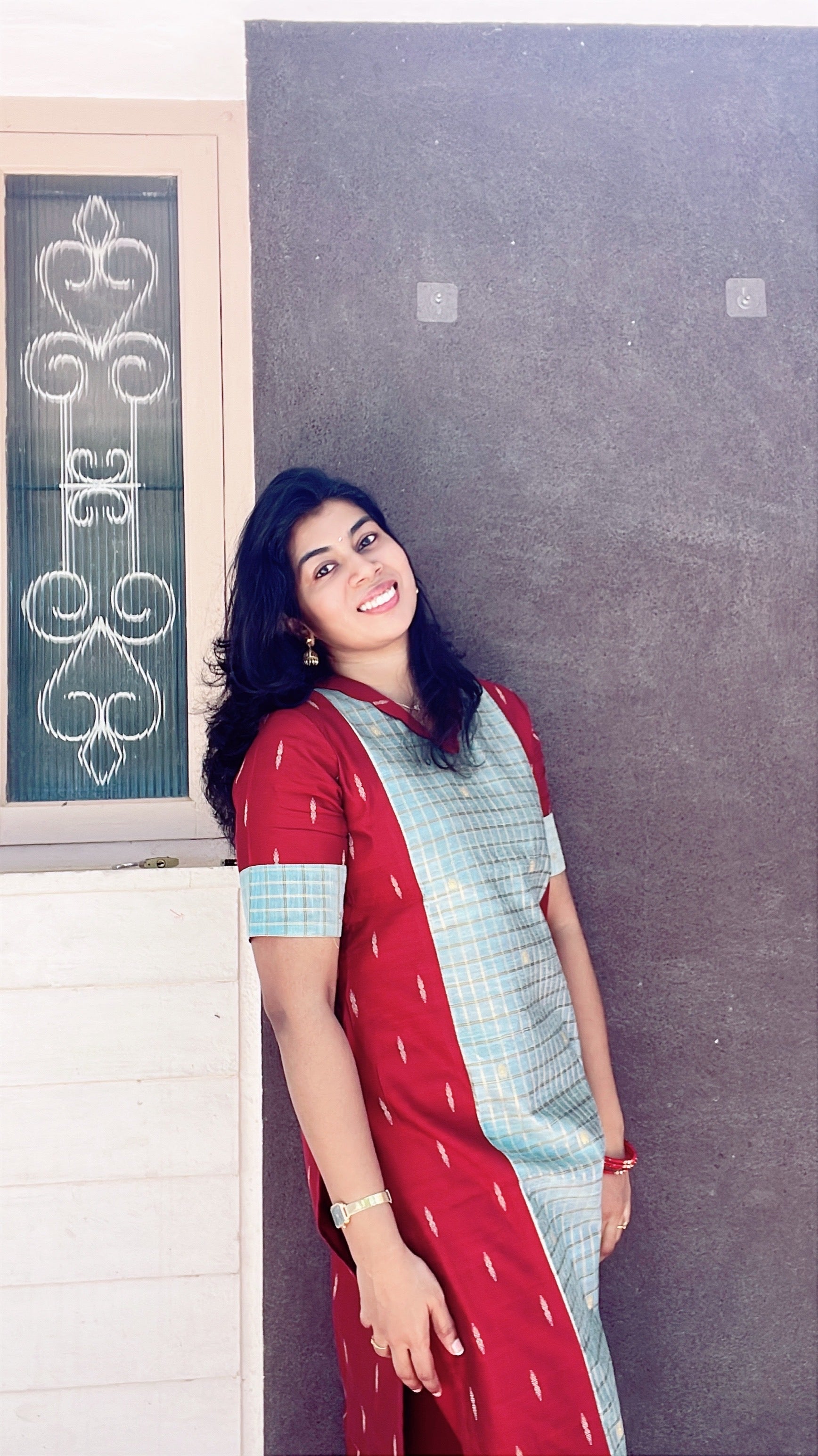 Maroon and pastel green raw silk kurti