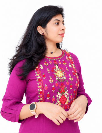 Purple Hand Embroidered Mul Cotton Kurti