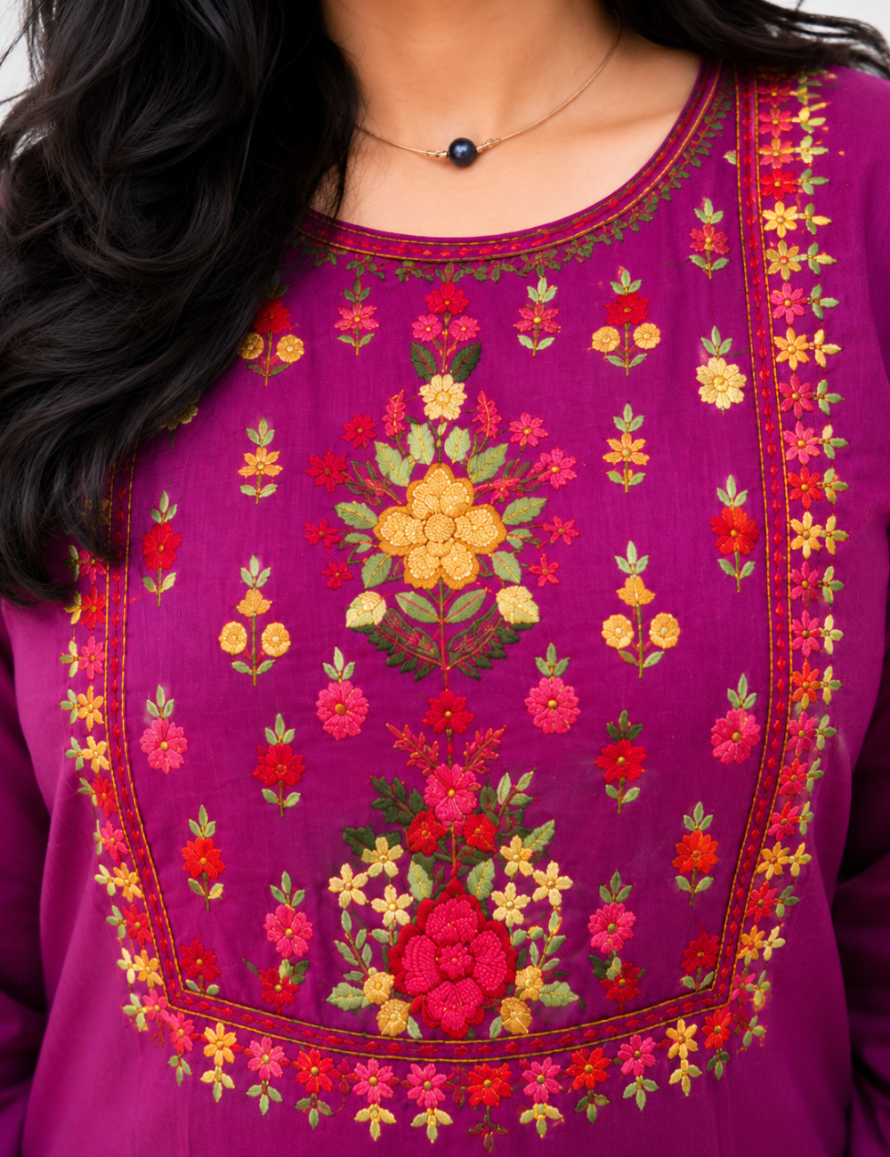 Purple Hand Embroidered Mul Cotton Kurti