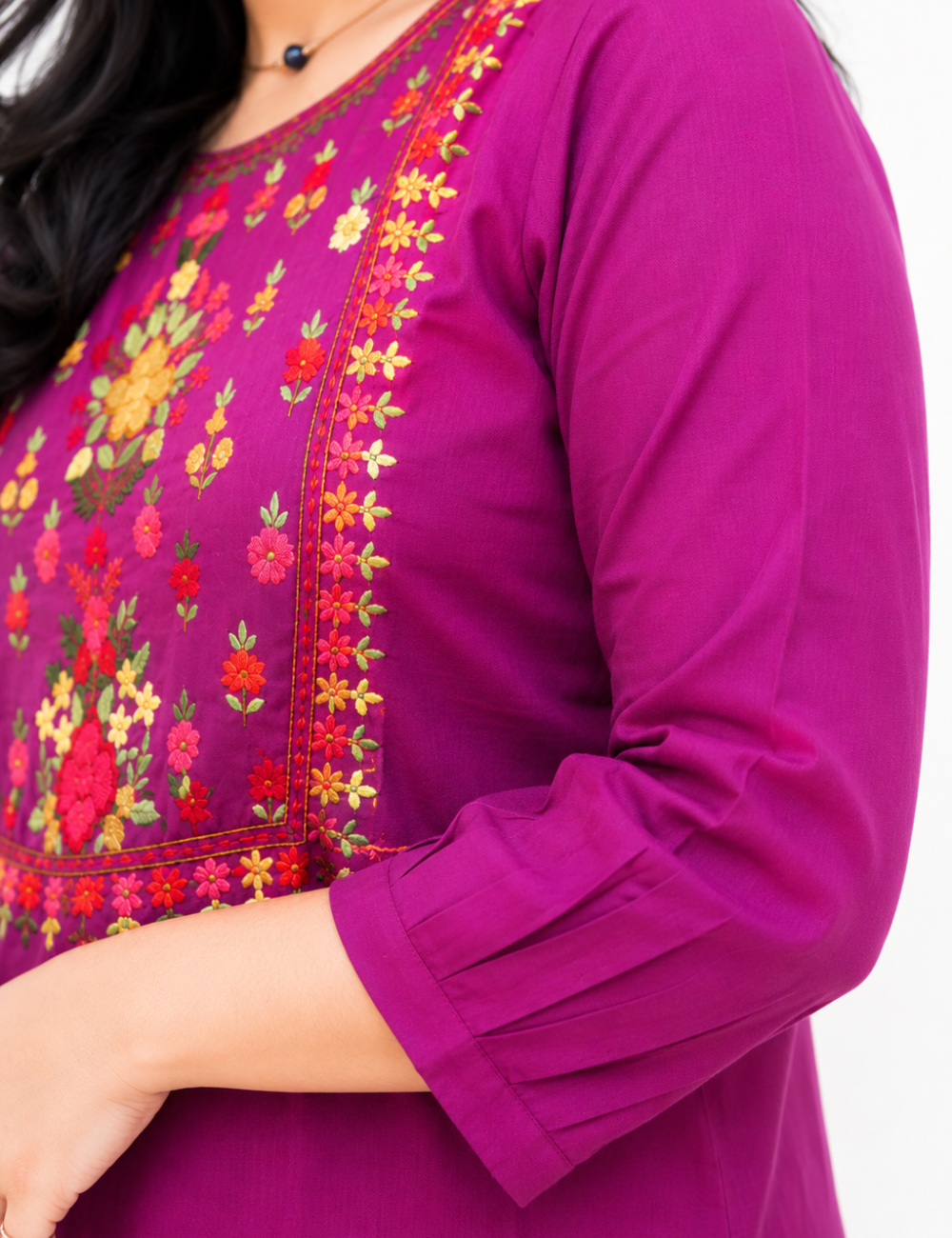 Purple Hand Embroidered Mul Cotton Kurti