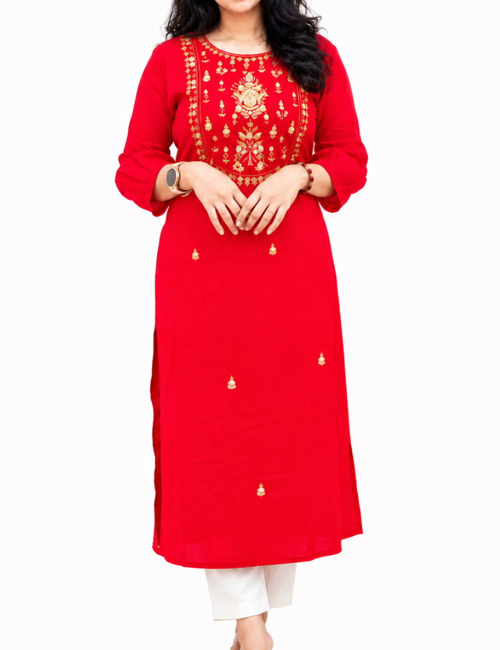 Red Hand Embroidered Mul Cotton kurti