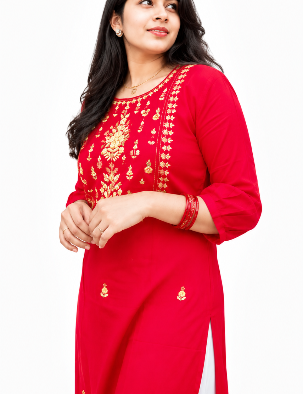Red Hand Embroidered Mul Cotton kurti