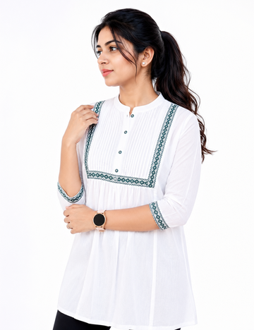 White With Yoke Work Cotton Short Kurti