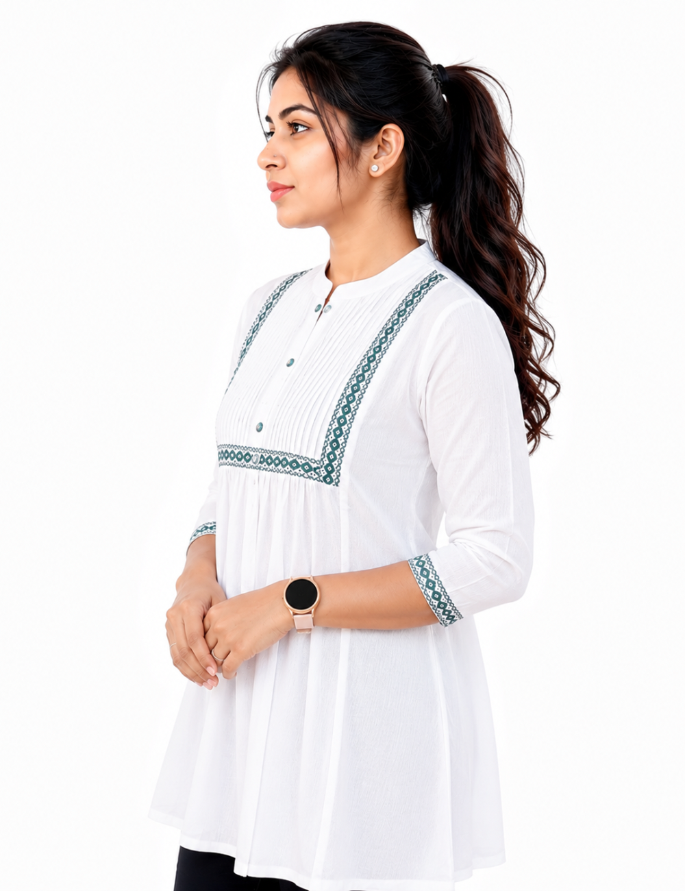 White With Yoke Work Cotton Short Kurti