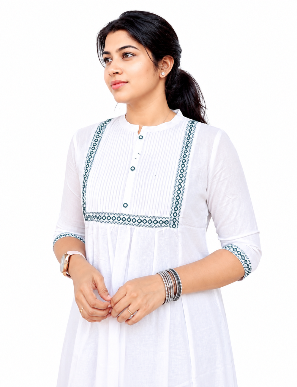 White With Yoke Work Cotton Short Kurti