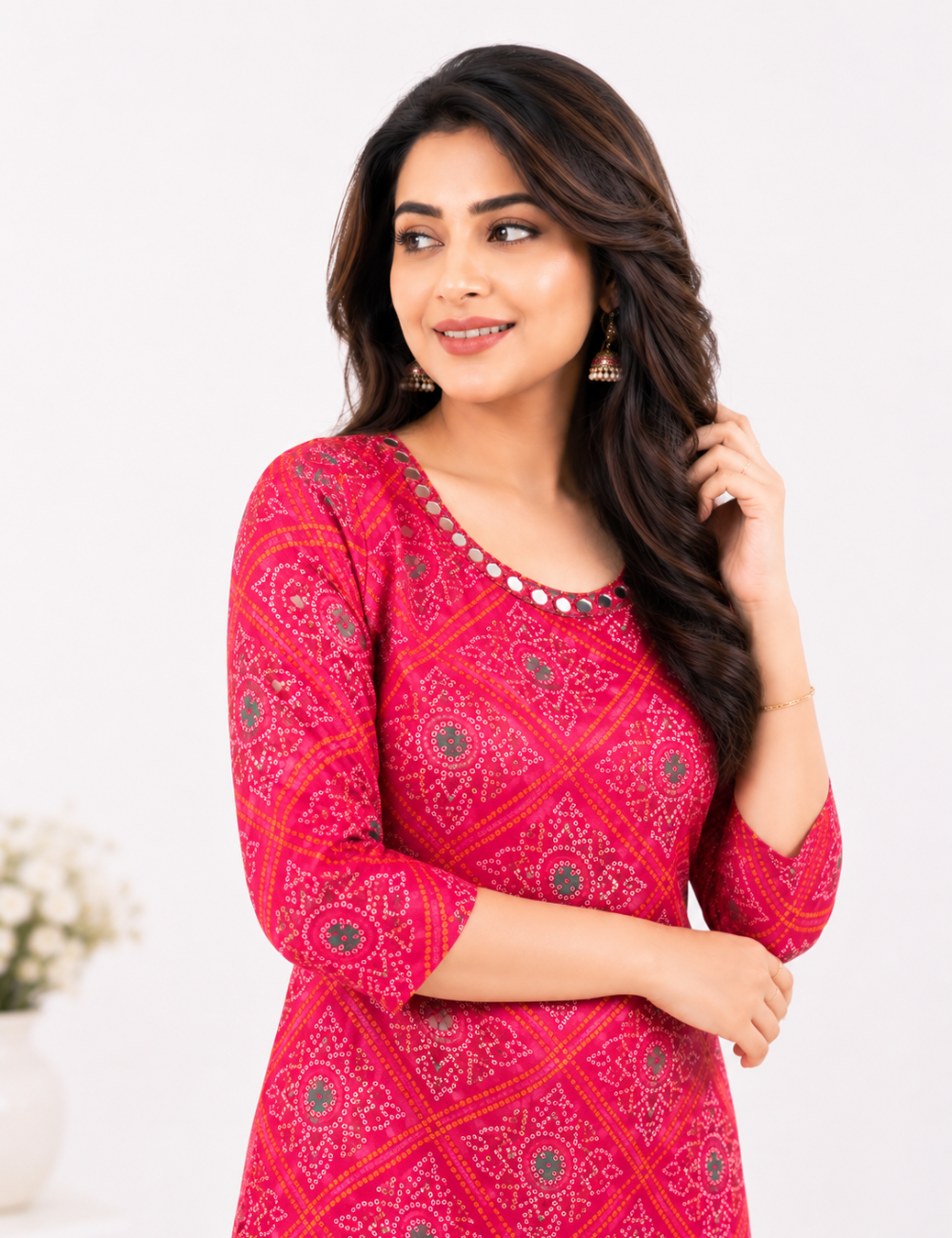 Pink Gaji Silk Mirror Work Kurti